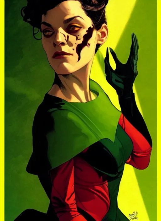 Image similar to Rafeal Albuquerque comic art, Joshua Middleton comic art, cinematics lighting, beautiful Marion Cotillard villain, green dress with a black hood, yellow eyes, angry, symmetrical face, symmetrical eyes, full body, flying in the air, night time, red mood in background