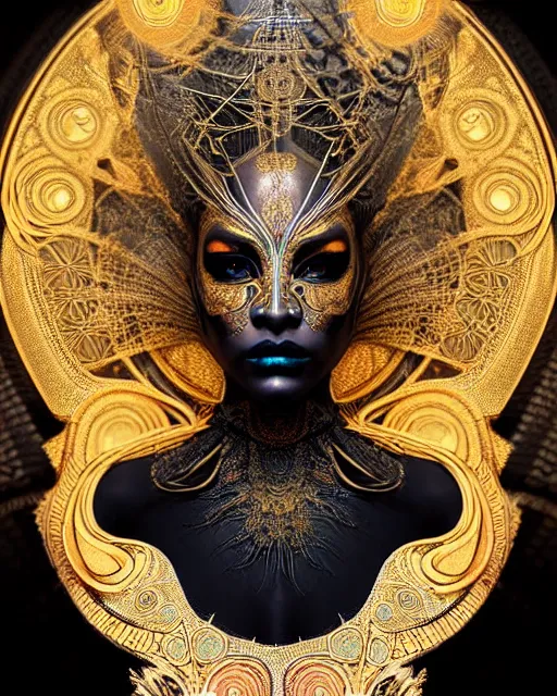 Image similar to hyperrealistic detailed portrait of a beautiful dark goddess in an intricate golden ornamental geometrical ritual mask, intricate cyberpunk make - up, insane details, art by ernst haeckel, nekro borja, android jones, alphonso mucha, gothic - cyberpunk, ornamental, beautiful deep colours,