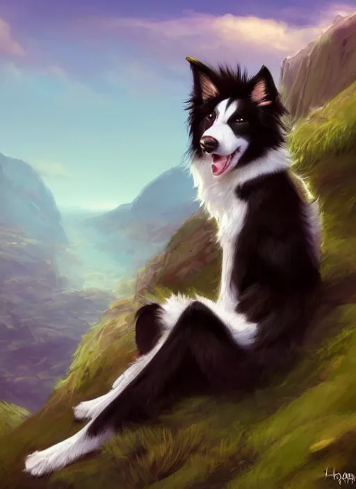 Prompt: wide angle beautiful full body portrait of a cute male anthropomorphic anthro border collie fursona reclining on the side of a rocky hill, character design by charlie bowater, henry asencio, and ross tran, disney, scenic background, detailed, glamor pose, aesthetic, trending on artstation, furaffinity, deviantart