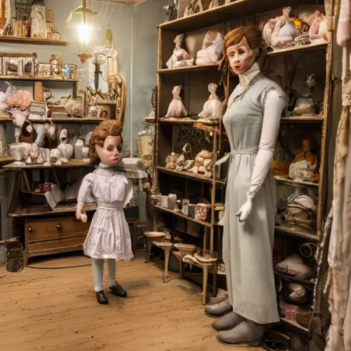 Prompt: human child standing in a victorian doll maker's shop looking at all of the dolls, 8 k, soft lighting, highly detailed realistic, face in focus