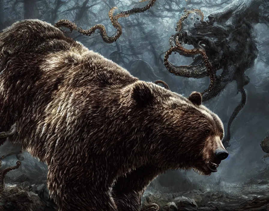 Prompt: bear, by lovecraft, eldritch, tentacles, teeth, mouth, beautiful texture, beautiful graphics, fantasy artwork, very beautiful scenery, hd, hdr, ue 5, ue 6, unreal engine 5, cinematic 4 k wallpaper, 8 k, ultra detailed