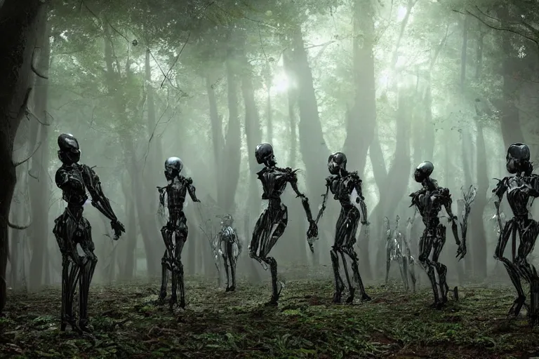 Prompt: 1 0 0 0 0 humanoid robots fighting in the forest, hyper realistic, ambient lighting, concept art, intricate, hyper detailed, smooth, dynamic volumetric lighting, octane, raytrace, cinematic, high quality, high resolution, 4 k, cgsociety, rutkowski, gurney, h. r. giger!!!