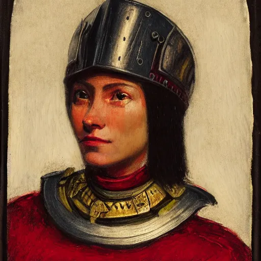 Prompt: head and shoulders portrait of a female knight, incan, tonalist, symbolist, realistic, ambrotype, baroque, lorica segmentata, detailed, modeled lighting, palette knife, viridian and venetian red, angular, squinting, raven