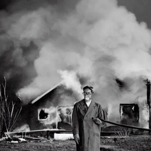 Prompt: a photo of a house burning down in the background and gomez adams with an eerie expression in the foreground, strong depth of field