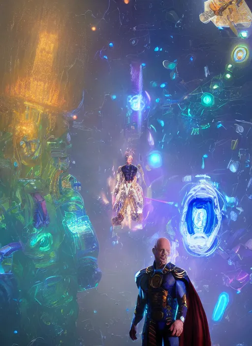 Prompt: jeff bezos collecting the infinity stones, au naturel, hyper detailed, digital art, trending in artstation, cinematic lighting, studio quality, smooth render, unreal engine 5 rendered, octane rendered, art style by klimt and nixeu and ian sprigger and wlop and krenz cushart.