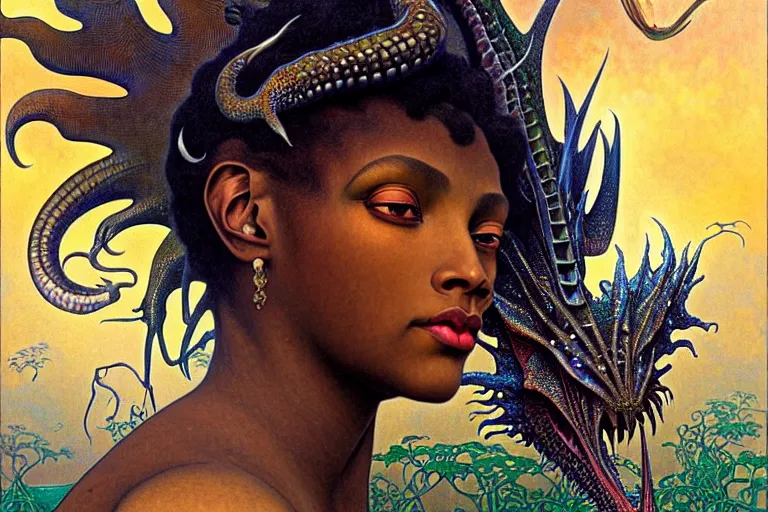 Image similar to realistic extremely detailed closeup portrait painting of a beautiful black woman, mutant dragon and a single old house on background by Jean Delville, Amano, Yves Tanguy, Alphonse Mucha, Ernst Haeckel, Edward Robert Hughes, Roger Dean, rich moody colours