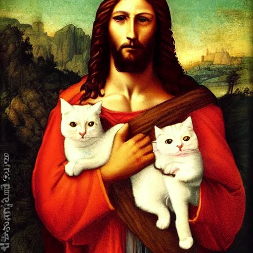 Prompt: portrait of jesus holding a cute cat, digital art, by leonardo da vinci