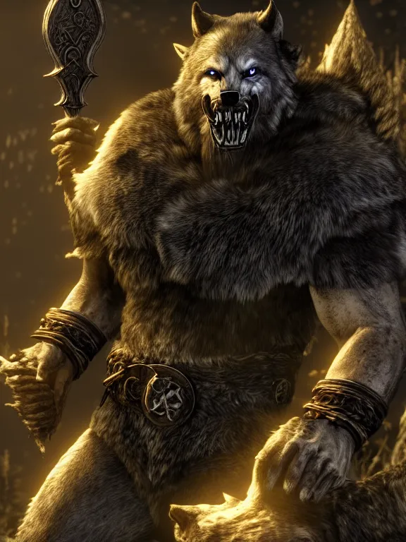 Image similar to cute handsome cuddly burly surly relaxed calm werewolf from van helsing unreal engine hyperreallistic render 8k character concept art masterpiece screenshot from the video game the Elder Scrolls V: Skyrim