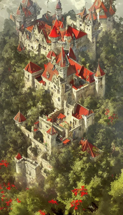 Image similar to castle seen from the sky being attacked by huge red army, cyberpunk, design on white background, beautiful details, lush foliage, drawn by john singer sargent, tom bagshaw, norman rockwell, alphonso mucha, lolish, trending on artstation