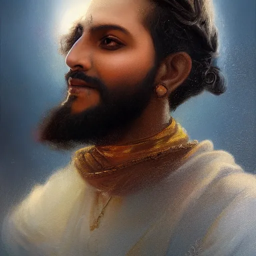 Prompt: a beautiful fine art painting of a portrait of shivaji maharaj by tom bagshaw, greg rutkowski and artgerm, perfection!, milk bath photography, studio lighting, 35mm lens, very detailed, deep depth of field, side profile, artstation, 8K, highly coherent