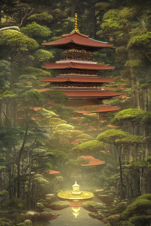 Image similar to Japanese Buddhist temple in the middle of a forest of bonsai and bamboo, powerfull, intricate, elegant, volumetric lighting, digital painting, highly detailed, artstation, sharp focus, illustration, concept art, ruan jia, steve mccurry