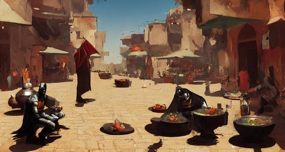 Prompt: Batman eat tajine in fez morrocco, digital art,ultra realistic,ultra detailed,art by greg rutkowski