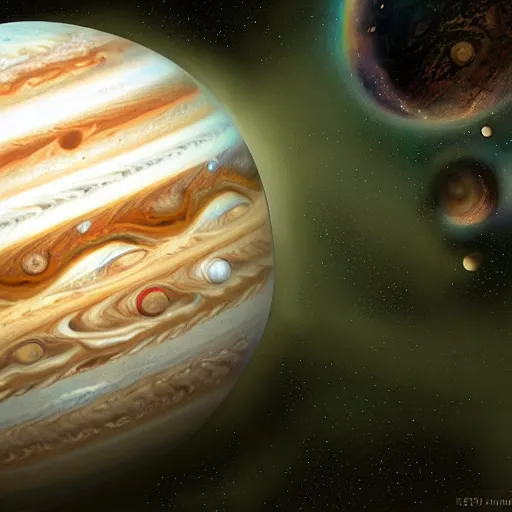 Prompt: jupiter, concept art, illustrated, highly detailed, high quality, bright colors, optimistic,