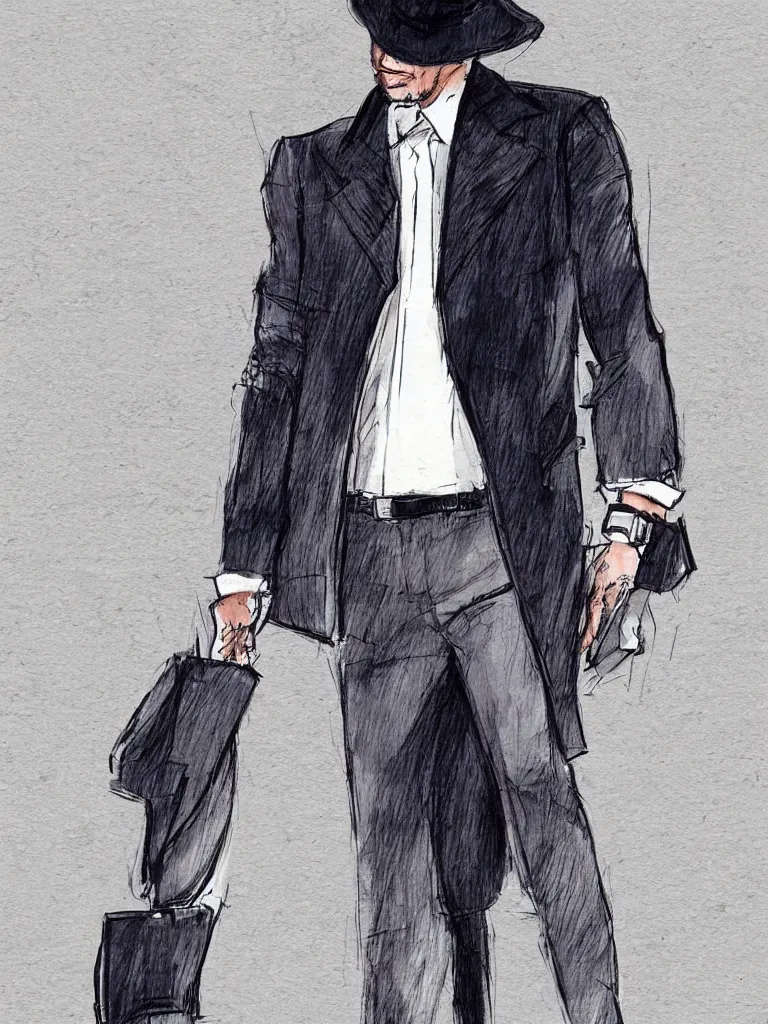 Prompt: fashionable modern and understated clothing on london gangster, confident pose, fashion illustration style