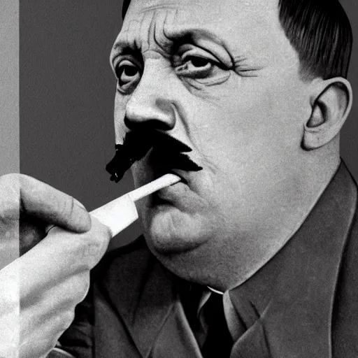 Image similar to Hitler smoking a fat joint, close up photography, photorealism