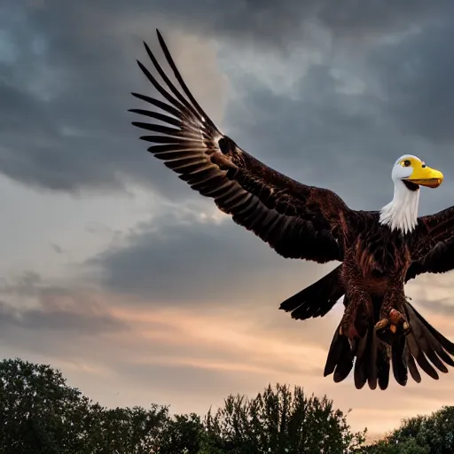 Image similar to cinematic photo of a giant eagle snatching away the oregon duck mascot with its talons. the eagle is lifting the duck into the sky. camera is looking up at the subject in the sky with fancy clouds behind