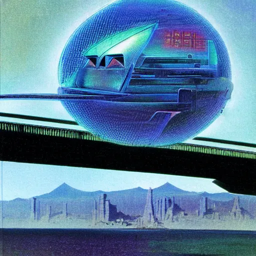 Image similar to floating holographic krang spaceship floating underneath rainbow gate bridge, art by bruce pennington, cinema still, film grain