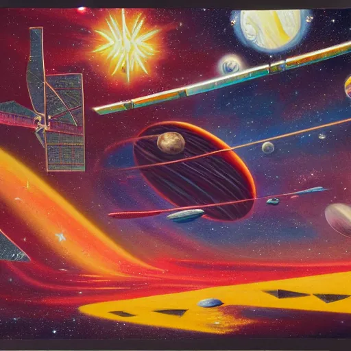 Image similar to rough texture, tempera, starburst background, astronauts and space colonies, utopian, by david a. hardy, wpa, public works mural, socialist, propaganda