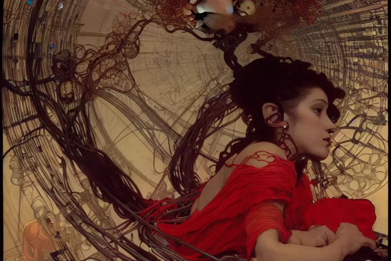 Prompt: a woman in a red dress holding a brain in her hands, in a room full of wires and computers and neural networks, sci - fi, 4 k realistic, artem demura. alphonse mucha. yoji shinkawa artgerm. jon lothian. danilo torres. adi meyers. thomas reimann. gaston bussiere.