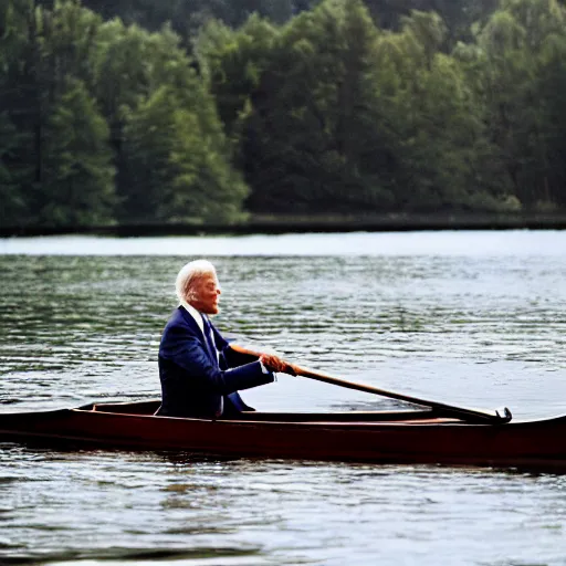 Image similar to 8k Photograph of Joe Biden in a rowboat on a lake. Dramatic. National Geographic.