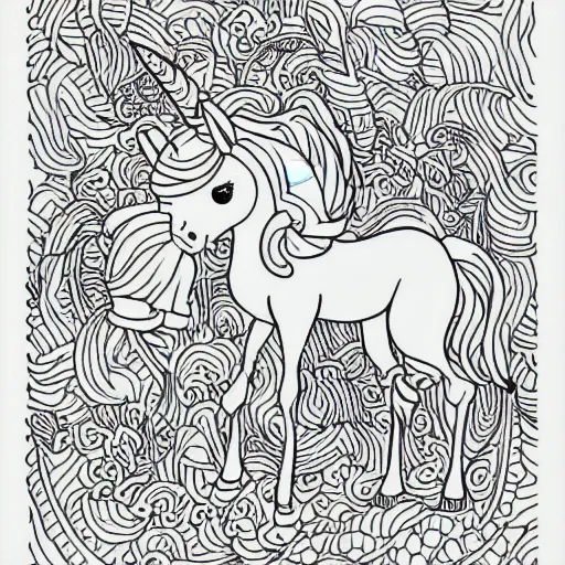 Prompt: full body unicorn, simple, children's coloring book, black and white