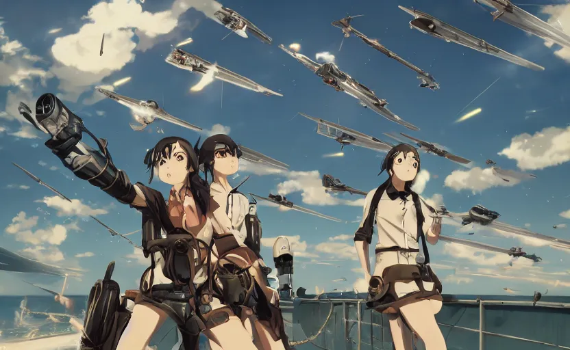Prompt: Battle of Midway by Makoto Shinkai, cyborgs, futuristic, steampunk, Magic