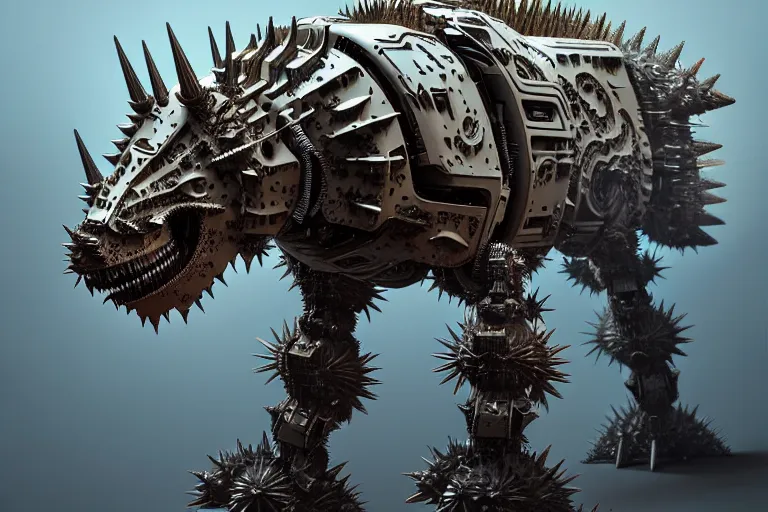 Image similar to spiky triceratops in a cyborg mech suit, by alexandre ferra, zezhou chen, peter gric, mohamed reda and hr giger, hyper detailed, screen print, character concept art, hyperrealism, coherent, octane render, zbrush central, behance hd, hypermaximalist