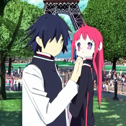 Image similar to Hikigaya Hachiman holding hands with Zero Two in front of the Eiffel Tower, anime style