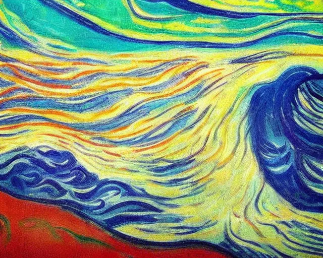 Image similar to Ocean waves in a psychedelic dream world. DMT. Landscape painting by Edvard Munch.