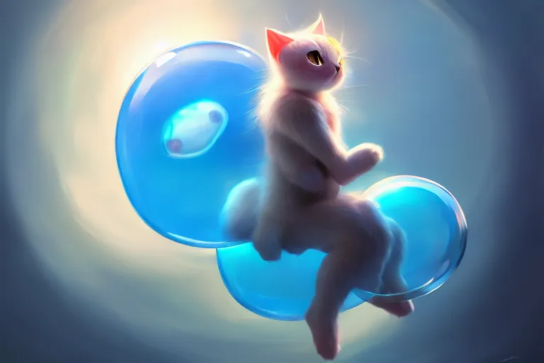 Image similar to cinematic portrait of cute Mew riding large blue bubble, oil on canvas, masterpiece, trending on artstation, featured on pixiv, cinematic composition, dramatic pose, beautiful lighting, sharp, details, hyper-detailed, HD, HDR, 4K, 8K