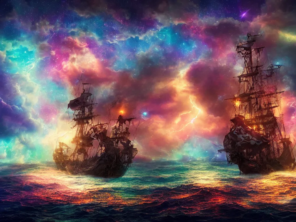 Image similar to photograph of a pirate ship traveling through sea of colorful stars, breathtaking stars, thunderstorm, interstellar, concept art, NASA, 4K, Detailed, HDR