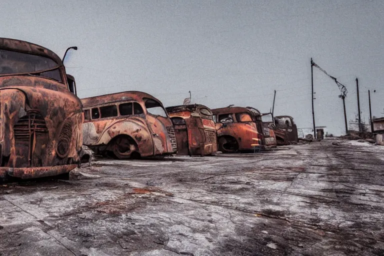 Image similar to low wide angle shot of dilapidated fallout 5, desolate rugged industrial area, few rusted retro futuristic vintage abandoned vehicles like cars, ( ( ( buses, trucks, trams ) ) ), volumetric lighting, photorealistic, foggy, early evening, winter, sharp focus, ultra detailed, 4 0 0 0 k