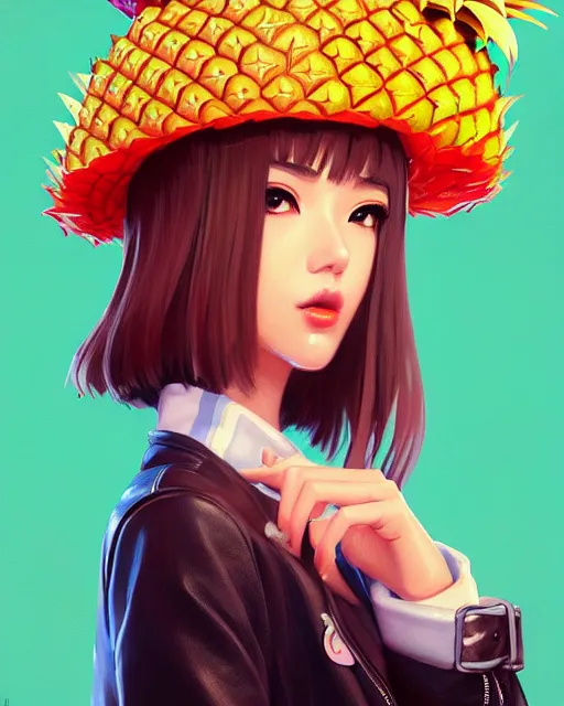 Prompt: pineapple girl wearing a candy hat and leather jacket, fine detail!! anime!! realistic shaded lighting!!, kim hyun joo, pixelated breath, digital painting by ilya kuvshinov, magali villeneuve, artgerm, jeremy lipkin and michael garmash and rob rey