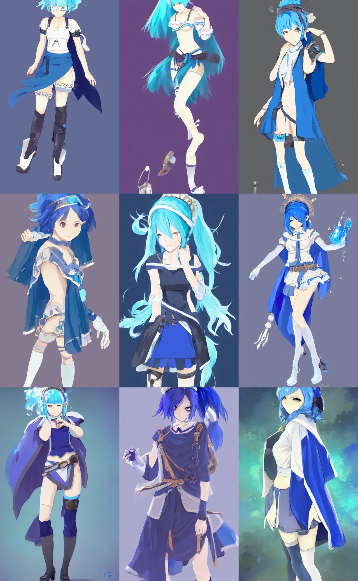 Prompt: a blue-haired traveller, alchemist girl, short hair, wearing a headband, short pale tunic and white stockings, high boots, azure cape, anime character; full body art, in the Japanese fantasy videogame; character concept art; trending on artstation, highly detailed, clean lineart, vector line art, clean, by Ilya kuvshinnikov