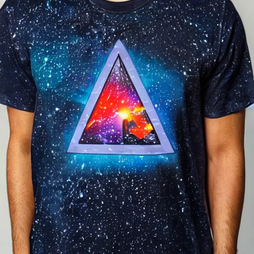 Image similar to photo of a t - shirt with a cool galactic print in a triangular pyramid shape on the chest in the style of maximalism, product photo