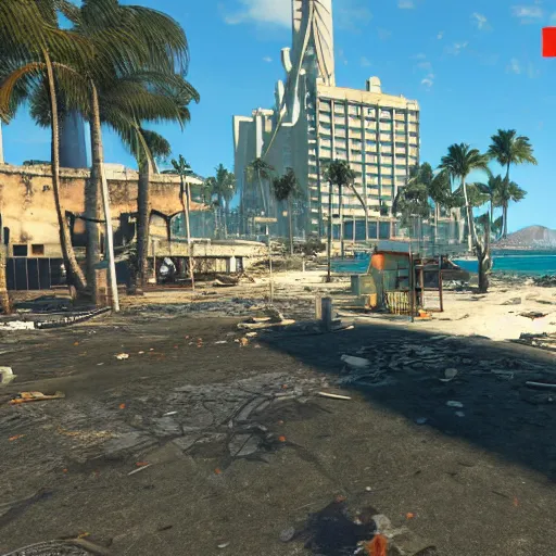 Image similar to Waikiki Beach, Honolulu in ruins post-nuclear war in Fallout 4, in game screenshot