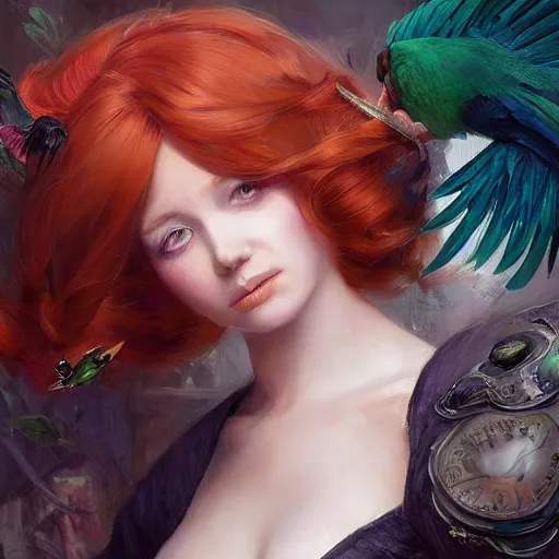 Image similar to A masterpiece portrait of a copper princess menacing girl with tall green amazing victorian wig with parrot wings. trending on artstation, digital art, by Stanley Artgerm Lau, WLOP, Rossdraws, James Jean, Andrei Riabovitchev, Marc Simonetti, Yoshitaka Amano