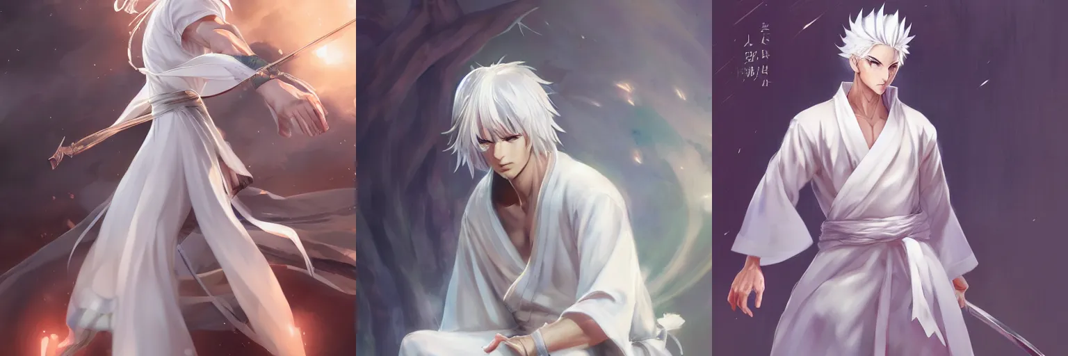 Prompt: white haired parted down the middle, wearing white hakama anime man full body portrait made by Stanley Artgerm, WLOP, Rossdraws, James Jean Andrei Riabovitchev, Marc Simonetti, Yoshitaka Amano, Artstation