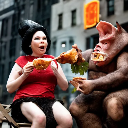 Prompt: bjork eating pork with a spork next to an orc in new york