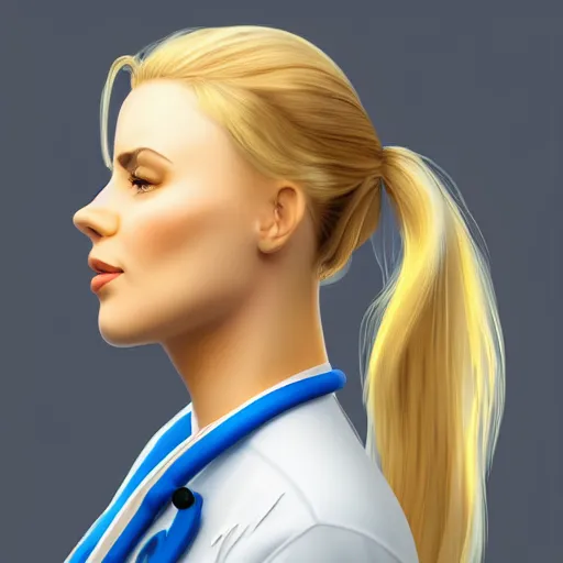 Prompt: full body profile of cute female nurse, blond hair. ponytail, white coat, in an elevator, elizabeth messina, tight focus, artstation, 4 5 mm