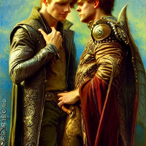 Image similar to stunning arthur pendragon in love with stunning male merlin the mage. they are close to each other, touching, looking. highly detailed painting by gaston bussiere, craig mullins, j. c. leyendecker