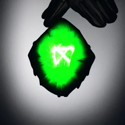 Prompt: a glowing shard of kryptonite held in an open black - gloved hand, pitch black background, glove dimly lit only by the green glow of the kryptonite