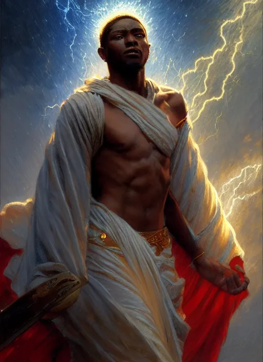 Image similar to young black man, god of lightning, flowing robes, powerful, smug expression, highly detailed painting by gaston bussiere, craig mullins, j. c. leyendecker 8 k, sparkling storm clouds