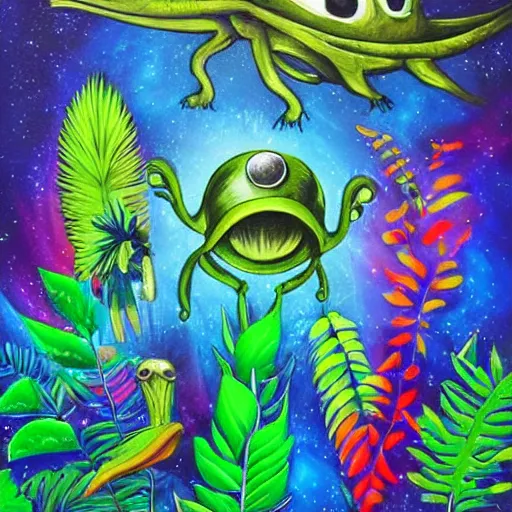 Prompt: Alien planet, lush foliage, cool color combination. Rainbow-colored sky. Flying alien creatures. Wall art stlye. By Daze and Lady Smith.