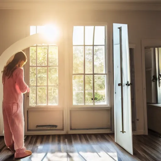 Image similar to person in pyjamas standing near window, turned back to camera, cinematography, sun rays, daylight, big french door window, big spatious room, carpet at the floor, wide shot 2 4 mm, anamorphic shot lens, walls at left and right sides, window at the center, wooden floor, modern, winter sun, photorealistic, high ceiling