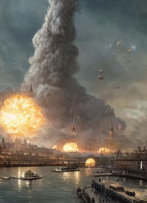 Image similar to hyper realistic giant fluffy siamese cat attacking moscow city harbor explosions, atomic bombs, atmospheric beautiful details, strong composition painted by kim jung giu weta studio rutkowski, james gurney and greg rutkowski, and lucasfilm