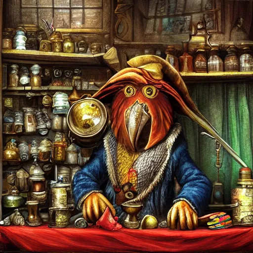 Prompt: Anthropomorphized parrot trader in his shop, selling his wares, portrait, items, magic potions, carpet, window, fancy hat, sly expression , cunning expression, cute expression, D&D, fantasy, cinematic lighting, highly detailed, digital painting, artstation, concept art, smooth, sharp focus, illustration, warm light, cozy warm tint, magic the gathering artwork, volumetric lighting, 8k, art by Akihiko Yoshida, Greg Rutkowski