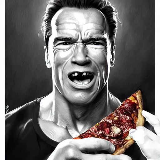 Image similar to portrait of arnold schwarzenegger opening his mouth to eat pizza, highly detailed, digital painting, artstation, concept art, sharp focus, illustration, art by artgerm and greg rutkowski and alphonse mucha