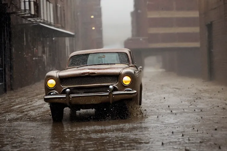 Prompt: street photography by saul leiter, in a new york muddy alley, award winning photo of an ultra detailed intricate beautiful vintage ford car speeding very fast on mud, fast shutter speed, motion blur, tiny gaussian blur, highly detailed, highly intricate, depth of field, trending on top gear