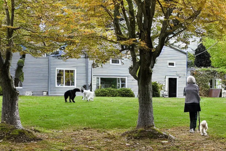 Image similar to the sour, dour, angry lady across the street is walking her three tiny white dogs on leashes. she shuffles around, looking down. she has gray hair. she is wearing a long gray cardigan and dark pants. highly detailed. green house in background. large norway maple tree in foreground. view through window.